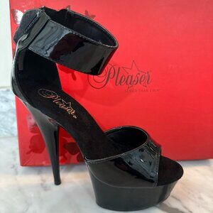 Pleaser heels, patent leather, platform, back zip, elastic ankle band, size 8